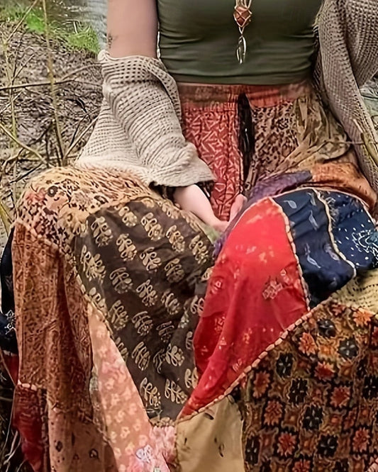 Damenrock, lässiger Boho-Maxirock mit mittlerer Leibhöhe, Blumenmuster, mikroelastisch, Urlaub, Streetstyle, rot-blau, Sommer, Polyester