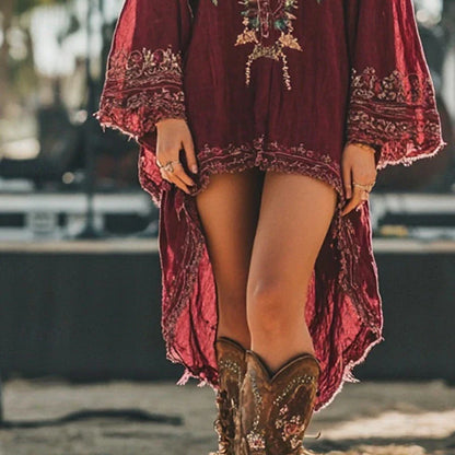 Damen-Midikleid Boho-Kleid Vintage-Klassiker Urlaub Alltag Reguläre Passform Blumenmuster Langarm V-Ausschnitt Rot Sommer