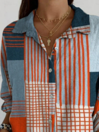 Damenbluse mit geometrischem Farbblock, stilvolles Langarmhemd mit Kragen, normale Passform, für den Alltag und Urlaub, mit Knöpfen und Print, blau, Sommer