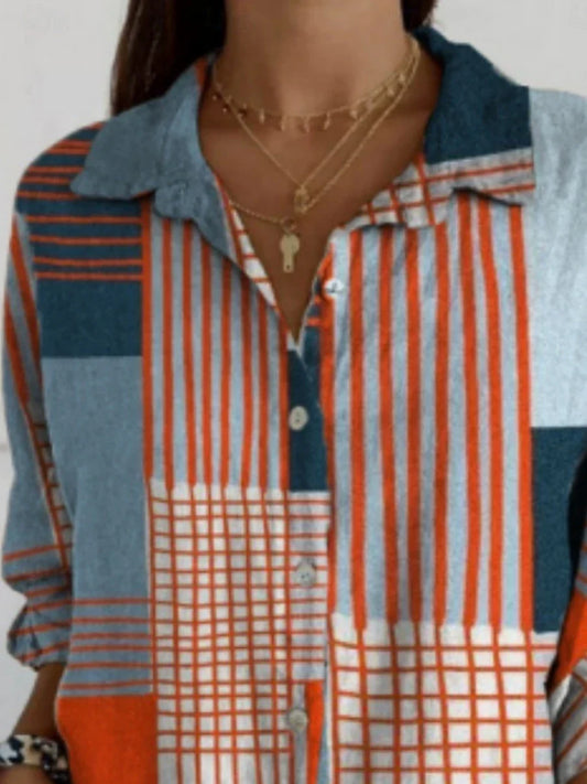 Damenbluse mit geometrischem Farbblock, stilvolles Langarmhemd mit Kragen, normale Passform, für den Alltag und Urlaub, mit Knöpfen und Print, blau, Sommer